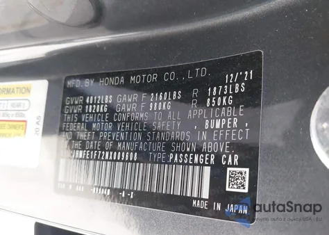 2022 Honda Civic Ex из США, поврежденный, VIN JHMFE1F72NX009608